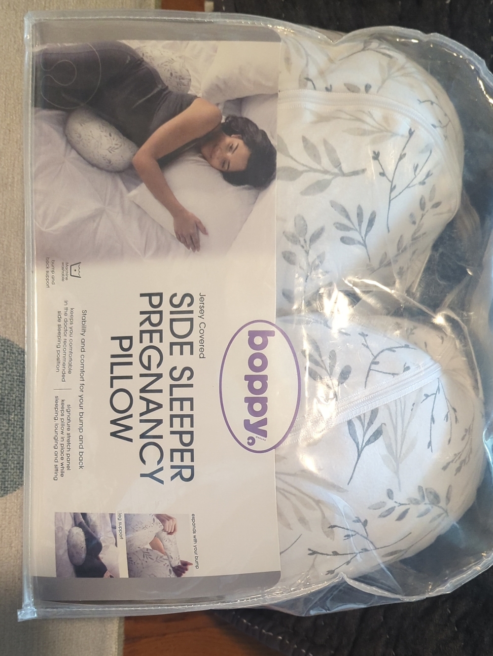 Boppy Side Sleeper Pregnancy Pillow - Gray Falling Leaves Pattern